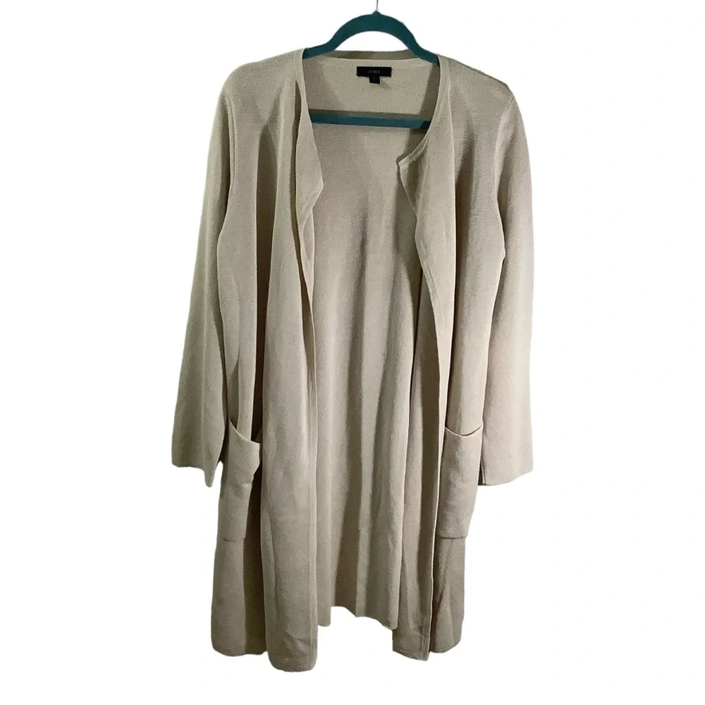 J. Crew Linen Blend Open Front Long Cardigan With Pockets Cream